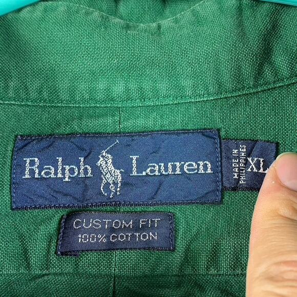 VTG Ralph Lauren Custom Fit Button Down Shirt Men's XL Cotton Green Causal Work - Picture 3 of 7